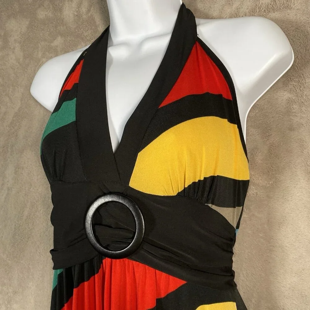 Vintage Y2K Wet Seal Maxi Dress Size L Retro Colorful Halter Tie Stretch V Neck - Picture 3 of 16
